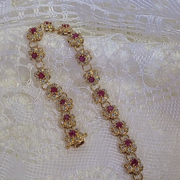 Elegant Genuine Ruby & Diamond Flower Bracelet - Picture 3 of 9